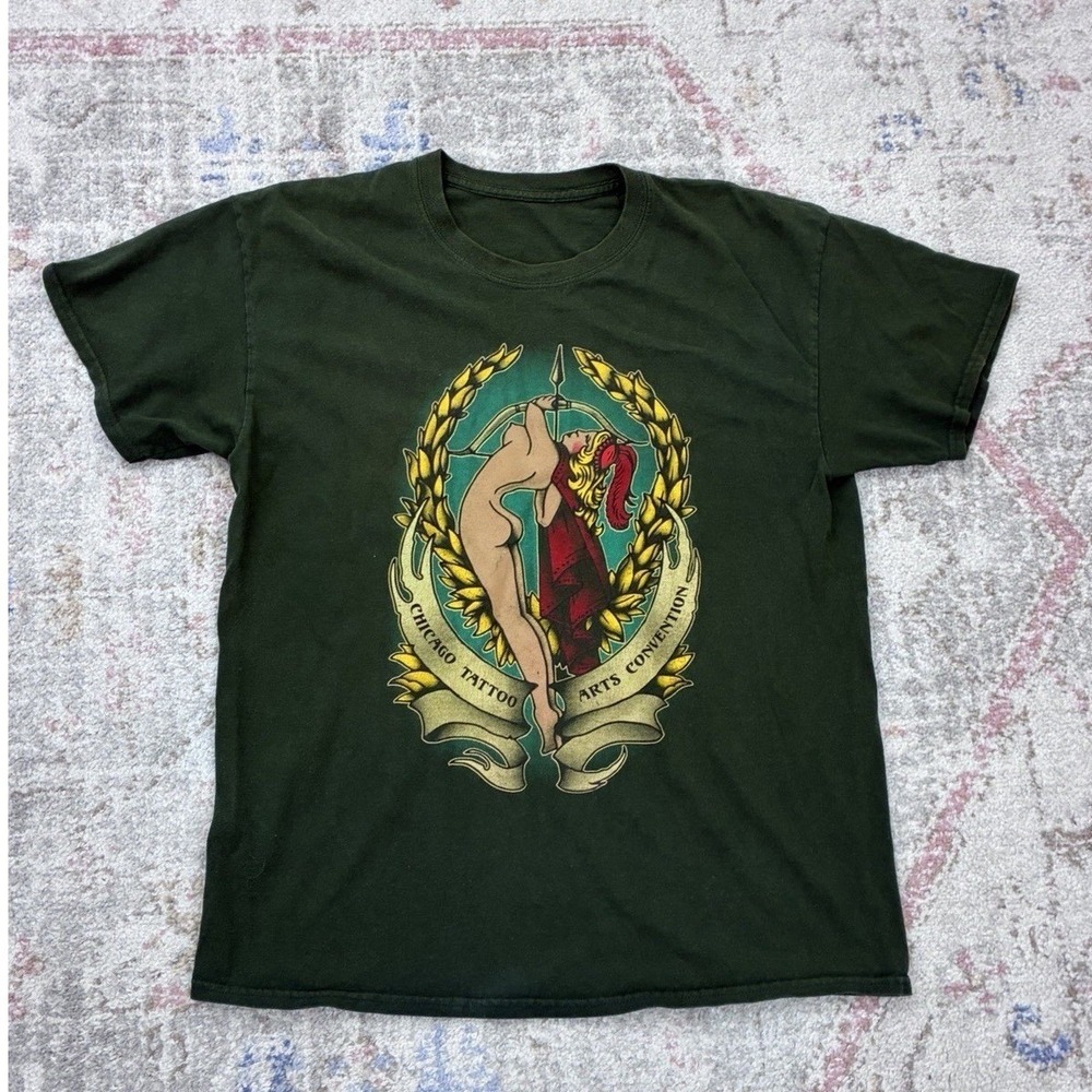 Retro Traditional Tattoo Flash Girl Graphic T Shirt Dark Green Chicago Sz L